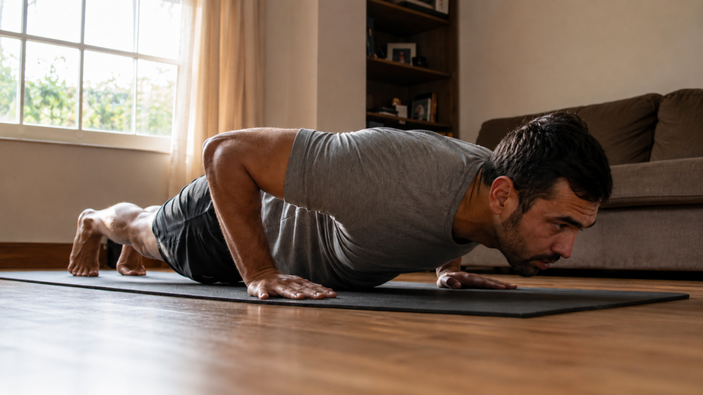 man demonstrating how to do a pushup with correct form on a mat