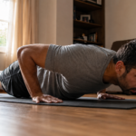 man demonstrating how to do a pushup with correct form on a mat