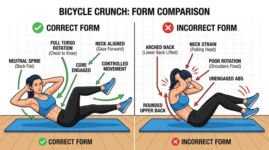 Diagram comparing correct and incorrect bicycle crunch technique