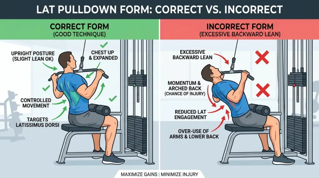 Diagram comparing correct and incorrect lat pulldown technique