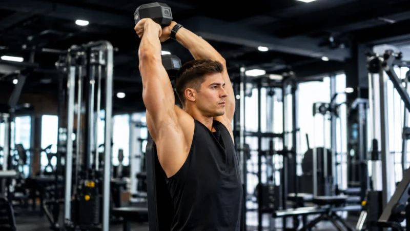 Man demonstrating proper form for long head tricep exercises using overhead dumbbell extension