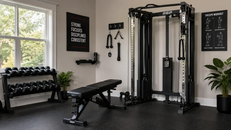 Gym equipment arranged for a long head tricep exercises workout routine