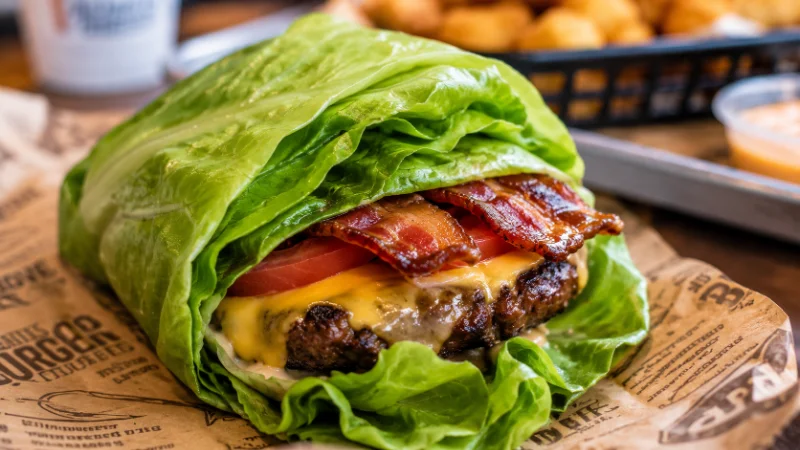 A low carb fast food burger served as a lettuce wrap instead of a bun
