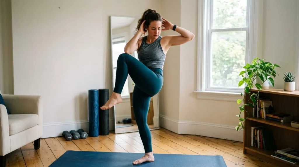 Person performing a standing bicycle crunch exercise variation