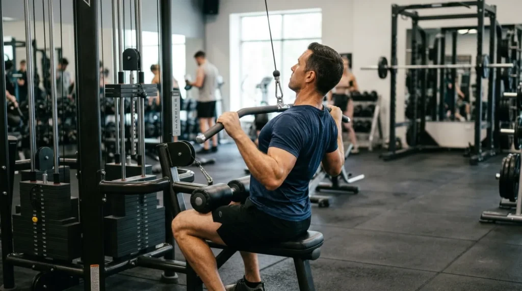 Person performing a lat pulldown exercise at a cable machine