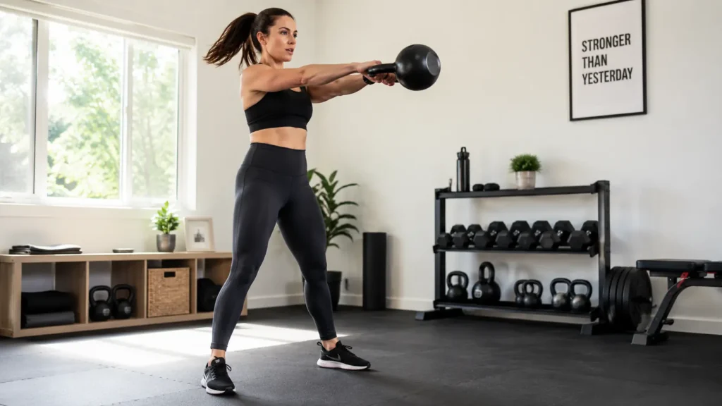 Woman performing a kettlebell swing during a 20 minute kettlebell workout
