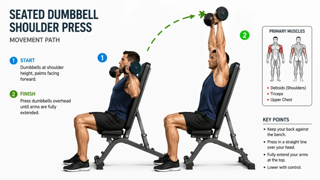 Diagram showing seated dumbbell shoulder press form from starting position to lockout