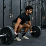 Lifter demonstrating proper deadlift form setup with a flat back before the pull