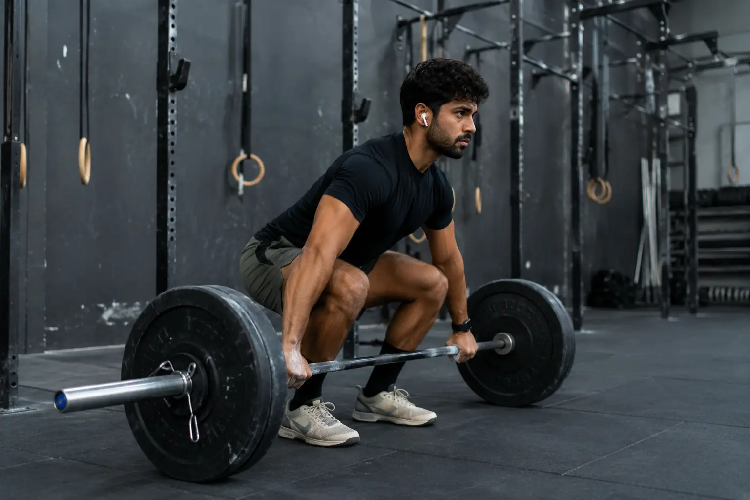 Lifter demonstrating proper deadlift form setup with a flat back before the pull