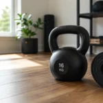 Single kettlebell and mat set up for a 20 minute kettlebell workout at home