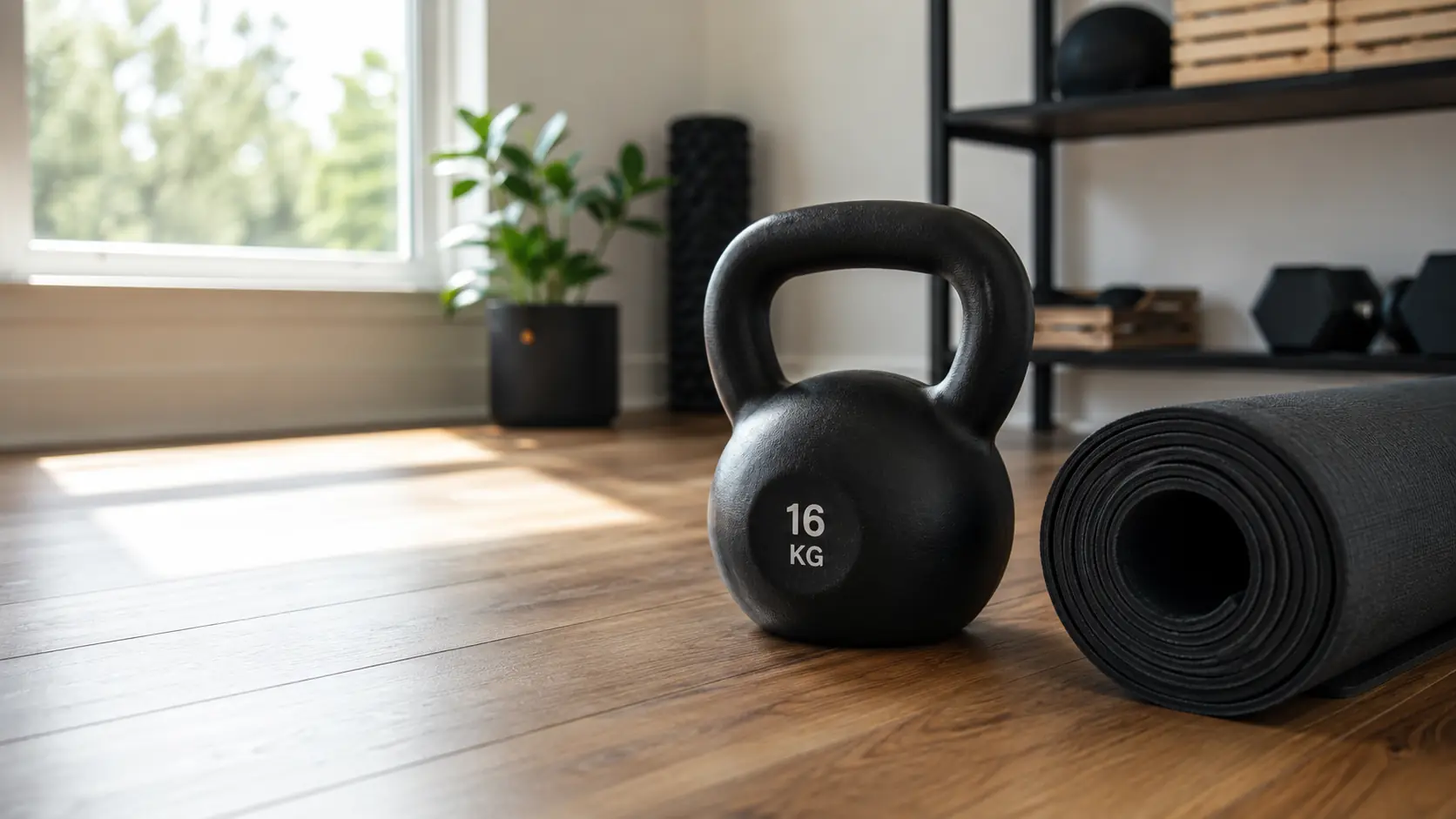 Single kettlebell and mat set up for a 20 minute kettlebell workout at home