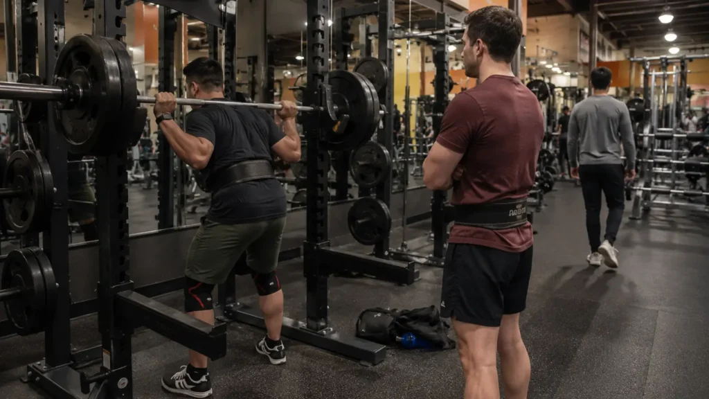 Two members practicing gym etiquette by working in on a squat rack