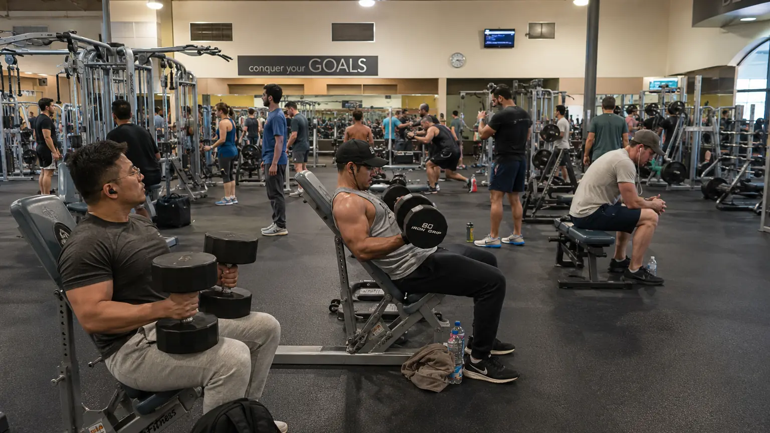 People practicing gym etiquette on a busy gym floor