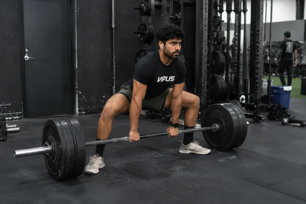 Lifter in sumo stance demonstrating a deadlift form variation