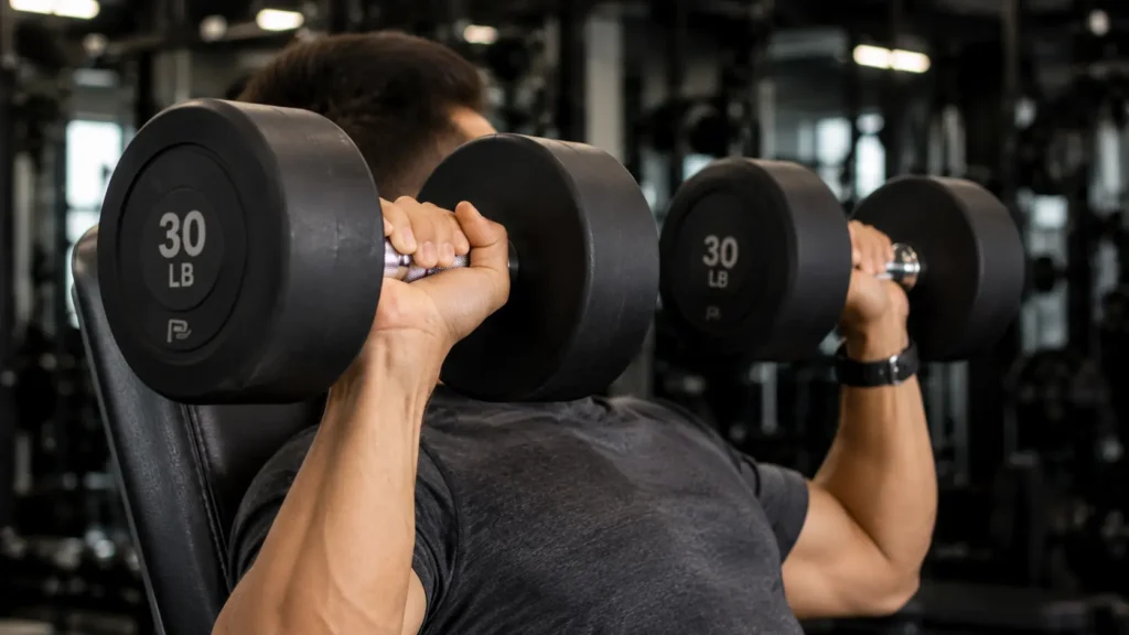 Close-up of correct grip and wrist position during seated dumbbell shoulder press form