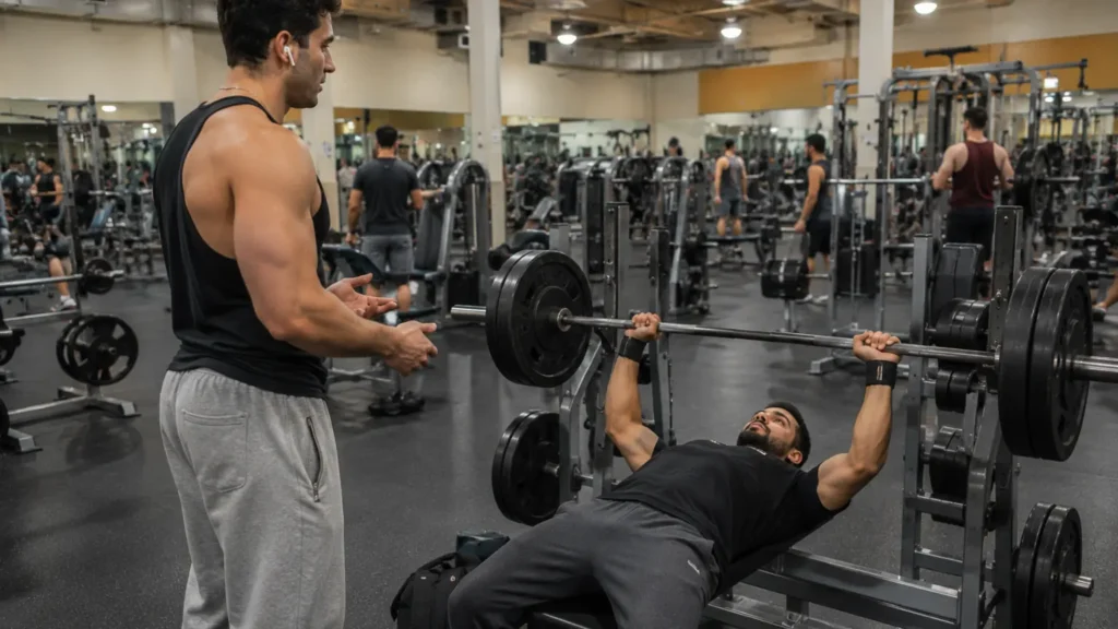 Gym etiquette example of asking for a spot before helping