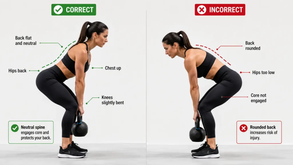 Correct back position during kettlebell deadlift in a 20 minute kettlebell workout