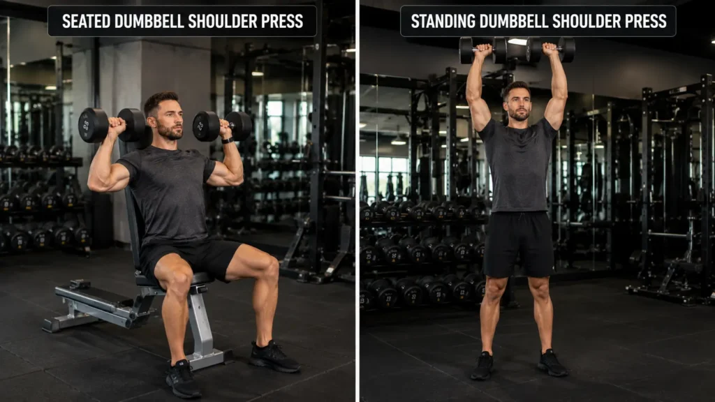 Comparison of seated dumbbell shoulder press form versus standing dumbbell shoulder press