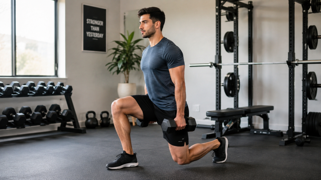 Man demonstrating a reverse lunge as a Bulgarian split squat alternative in a home gym