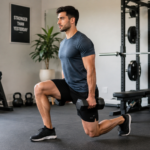 Man demonstrating a reverse lunge as a Bulgarian split squat alternative in a home gym