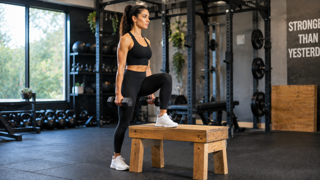 Woman performing a step-up as a Bulgarian split squat alternative in the gym