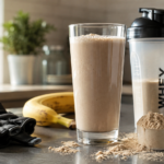 Post workout protein shake in a glass next to a shaker bottle and banana on a kitchen counter