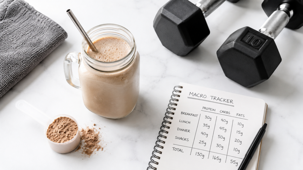 Post workout protein shake in a mason jar next to dumbbells and a protein scoop