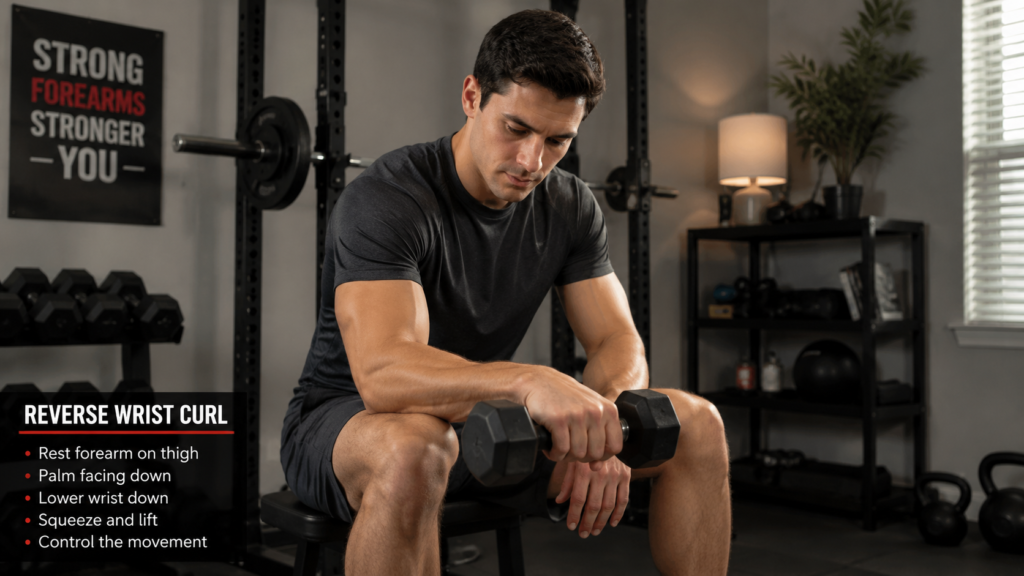 Reverse wrist curl exercise targeting forearm extensor muscles