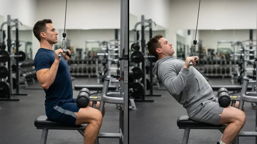 Comparison of correct and incorrect close grip lat pulldown form showing proper posture versus leaning back too far