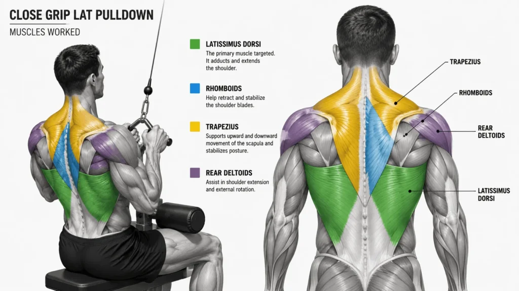 Diagram showing the muscles targeted during a close grip lat pulldown including lats, rhomboids, and rear delts