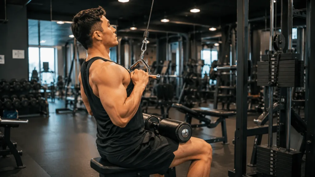 Person demonstrating correct close grip lat pulldown form with elbows tucked and bar pulled to upper chest