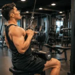 Person demonstrating correct close grip lat pulldown form with elbows tucked and bar pulled to upper chest