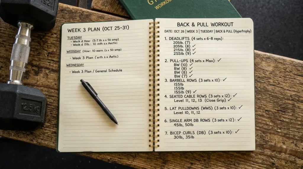 Workout notebook showing back training programming that includes the close grip lat pulldown