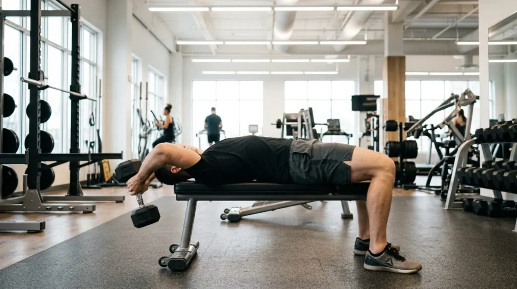 Dumbbell pullover exercise stretching the lower lats through a full range of motion
