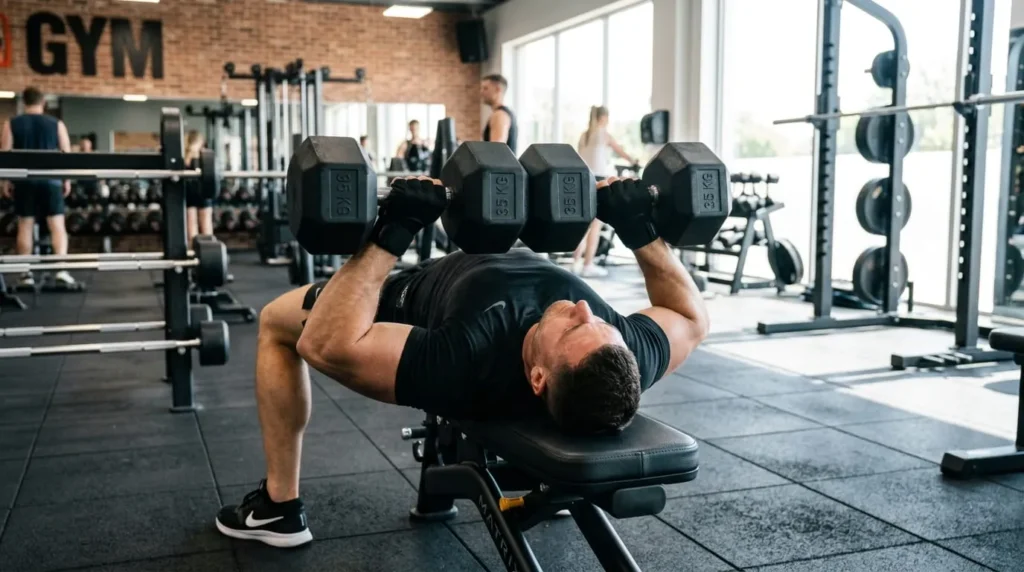 Athlete performing a dumbbell squeeze press on a flat bench to target inner chest growth
