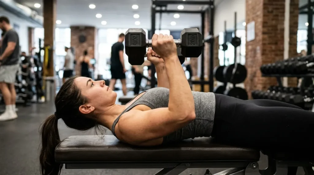 Close-up showing neutral grip and proper positioning for a dumbbell squeeze press