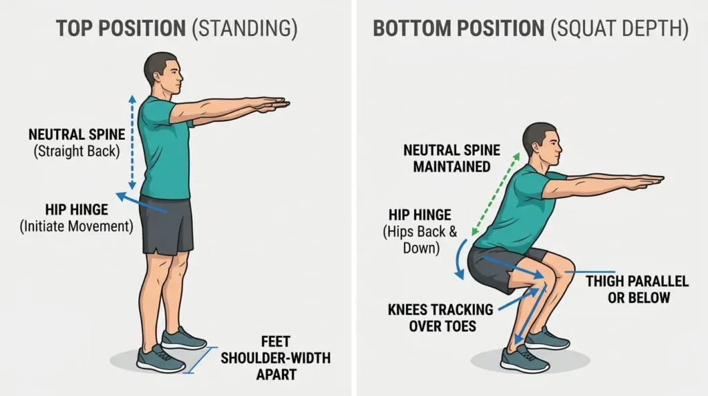 Illustration showing how to do a squat with correct hip and knee positioning