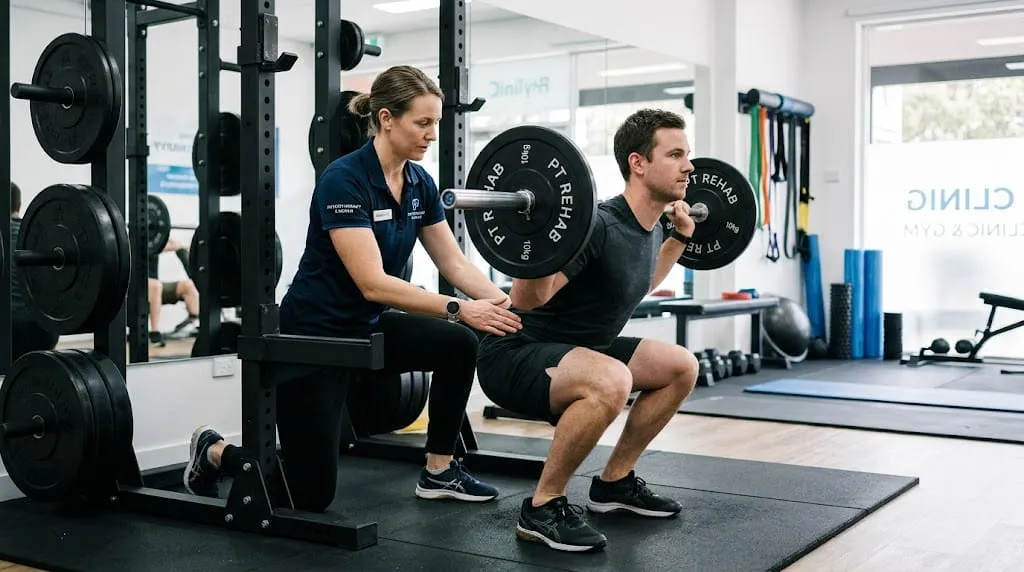 Physical therapist checking squat form to prevent injury