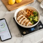 Digital kitchen scale and smartphone calorie tracking app used to track calories at home