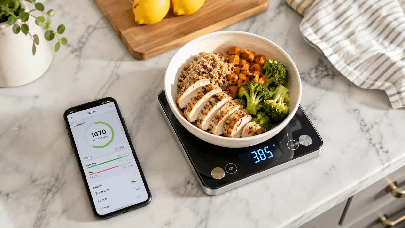 Digital kitchen scale and smartphone calorie tracking app used to track calories at home