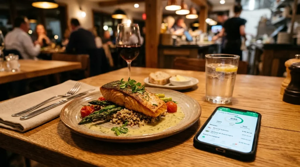 Smartphone tracking app next to a restaurant meal to track calories while eating out
