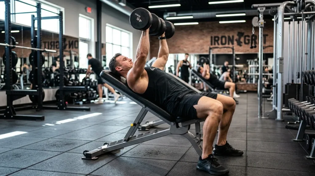 Athlete executing an incline dumbbell squeeze press to target upper chest muscle growth