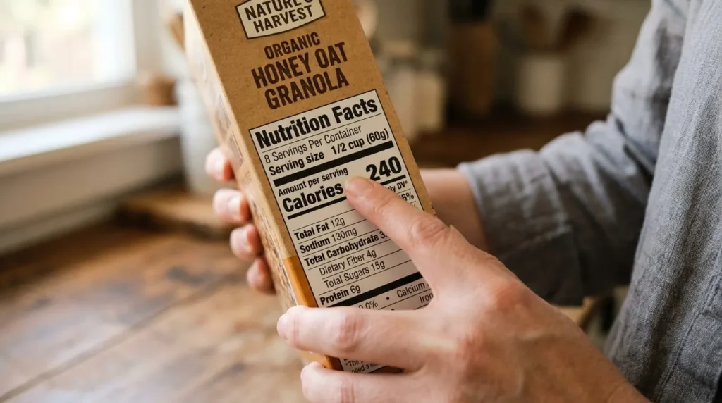 Close-up of a Nutrition Facts label used to track calories from packaged food