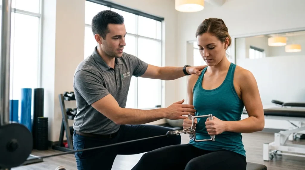 Trainer checking shoulder position during lower lats exercises to prevent injury