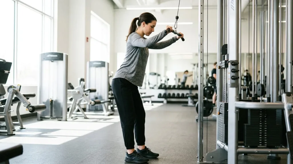 Person demonstrating straight-arm pulldown, one of the most effective lower lats exercises