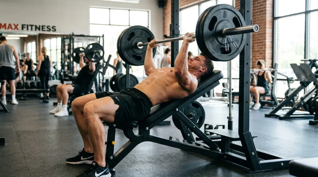Man demonstrating proper form during one of the best upper chest exercises, the incline barbell bench press