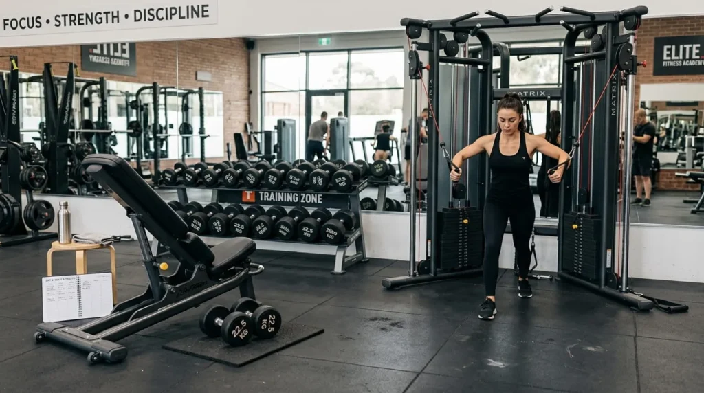 Gym equipment arranged for a complete upper chest exercises workout including incline bench and cable crossover