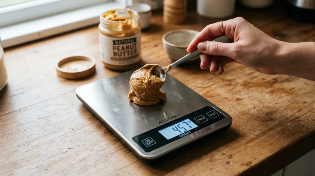 Hand weighing peanut butter on a digital scale to track calories accurately