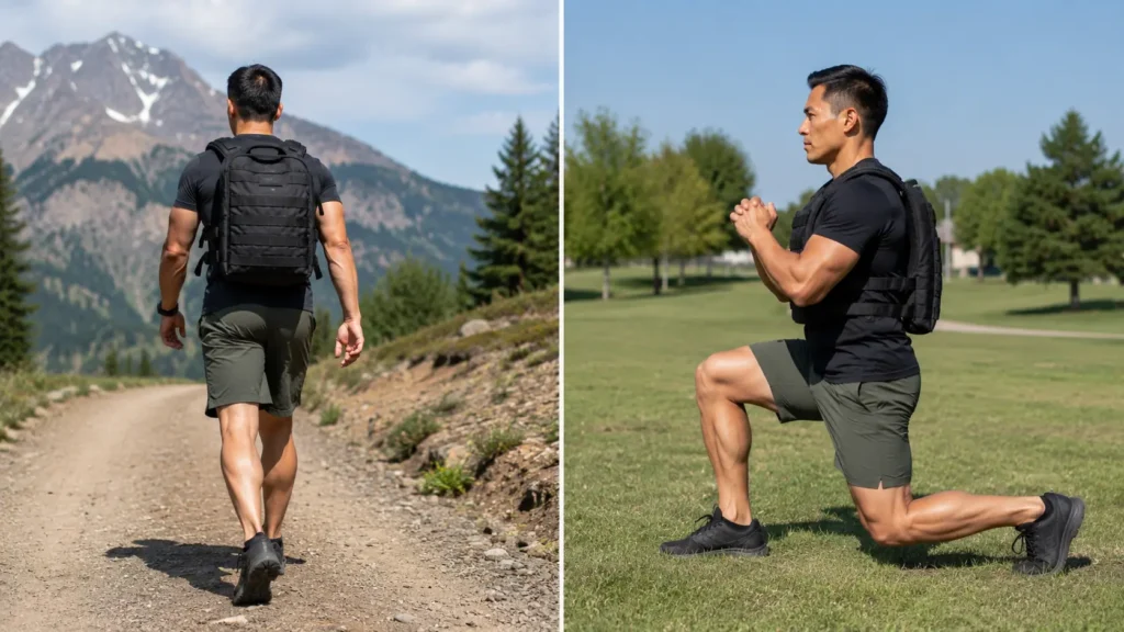Rucking and lunges shown as part of a weighted vest workout plan