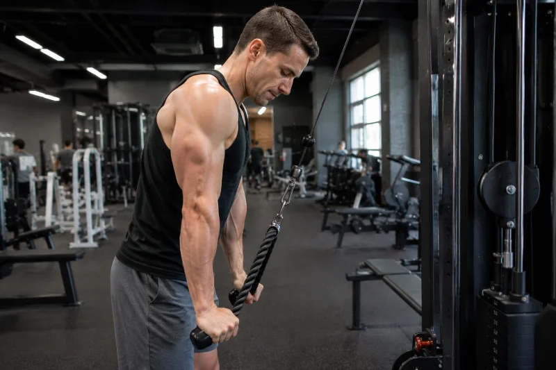 Tricep pushdown exercise in a back and tricep workout